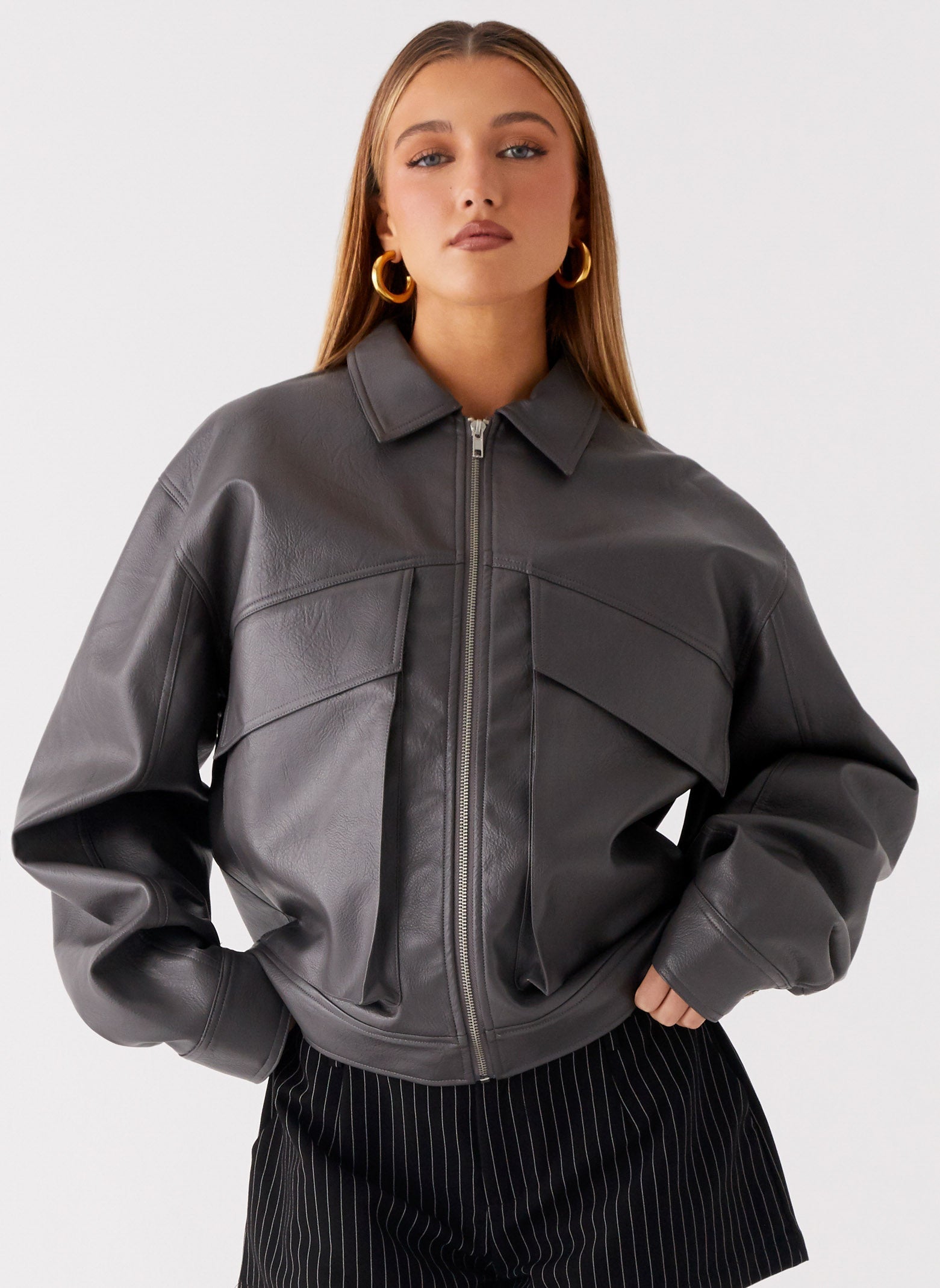 Lula Faux Leather Bomber Jacket - Charcoal